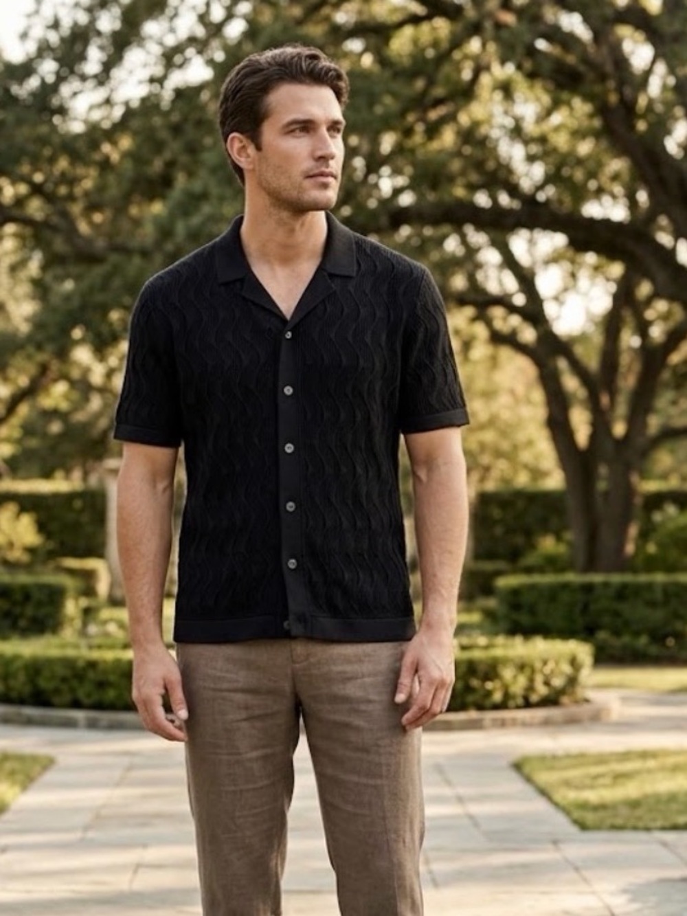 Abercrombie & Fitch Black Short-Sleeve Button-Down Knit Shirt